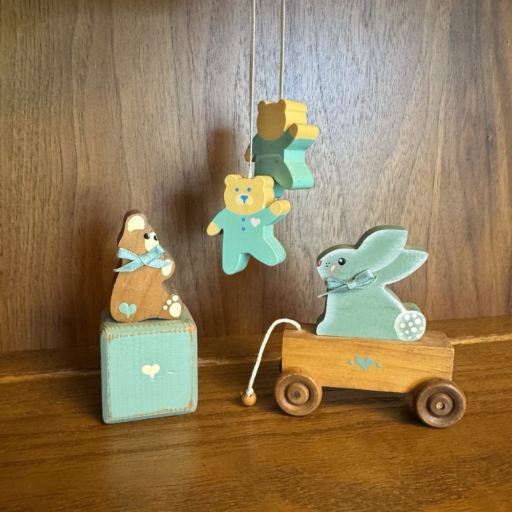 Vintage Hand Painted Wooden Baby Blue Bear & Rabbit. Farmhouse Cottagecore Decor - Picture 1 of 16